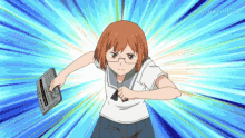 a girl with glasses is holding a piece of paper that says " www.animeut.in "