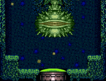 a video game scene with a large green monster in the background