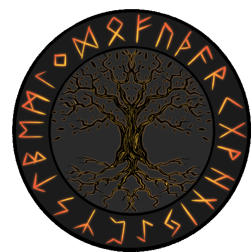 a tree in the middle of a circle with runic writing around it