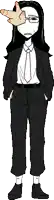 a black and white drawing of a woman in a suit and tie with a hand on her face .