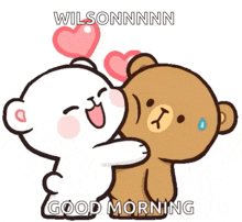 a couple of teddy bears hugging each other with the words good morning written on the bottom .