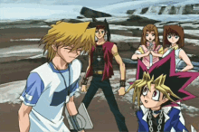 a group of anime characters are standing on a beach and one of them has a star on his hat