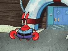 a cartoon character from spongebob squarepants stands in front of a building