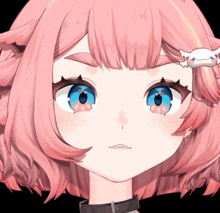 a girl with pink hair and blue eyes is wearing a black choker