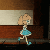 a cartoon of a girl in a blue dress