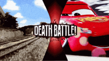 a death battle poster with a red car and a train track