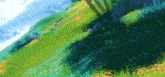 a painting of a grassy hillside with flowers