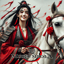 a woman in a red and black costume is riding a white horse with museumbola written on the bottom