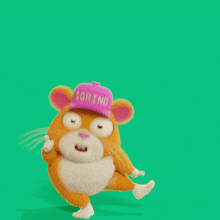 a cartoon hamster wearing a pink hat that says sgrtnd