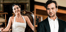 a woman in a white dress is smiling next to a man in a black suit