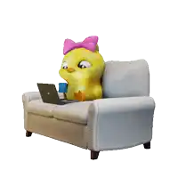 a cartoon chicken with a pink bow is sitting on a couch with a laptop