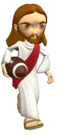 a cartoon of jesus holding a football with a red sash around his waist