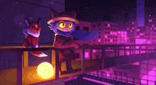 a cat and a fox are standing on a balcony overlooking a city at night