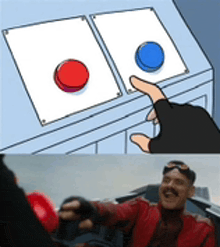 a cartoon of a person pressing a red button and a blue button