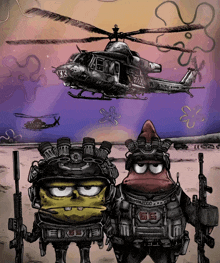 a cartoon drawing of spongebob and patrick in military uniforms