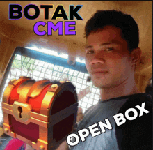 a man holding a treasure chest with the words " open box " on the bottom