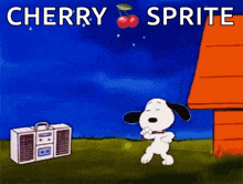 a cartoon of snoopy dancing with a cherry and the words cherry sprite