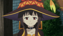 a girl with red eyes wearing a witch hat and a choker