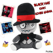 a black hat only loves mena stuffed animal surrounded by photos