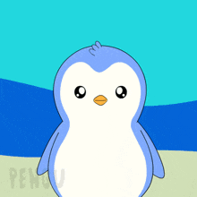 a blue and white penguin with a yellow beak stands on a beach
