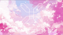 a pink and blue background with a white x and the word x on it