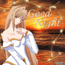 a picture of a girl with the words " good night " written on it