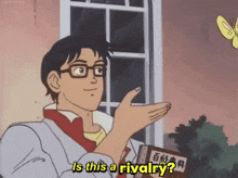 a cartoon of a man holding a book and saying is this a rivalry
