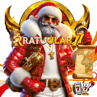a santa claus holding a map and a compass with the words " ratuular 77 " on the bottom