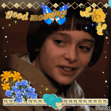 a picture of a boy with flowers and butterflies with the words good morning