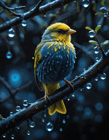 a yellow and blue bird perched on a tree branch with water drops on it