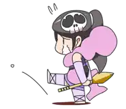 a cartoon drawing of a girl with a skull on her head holding a broom
