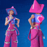 a cartoon character with purple hair and a pink hat