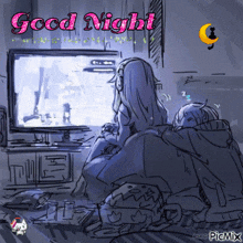 a drawing of a couple playing a video game with the words good night written on the bottom