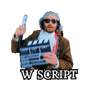 a man is holding a clapper board that says w script on it