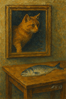 a painting of a cat reaching for a fish on a table with the letters mc on the bottom