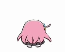 a cartoon of a girl with long pink hair and blue eyes .