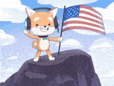 a dog wearing headphones is holding an american flag on top of a mountain