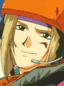 a close up of a cartoon character wearing an orange helmet