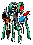 a pixel art drawing of a robot with a sword and shields .
