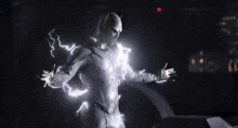 a man in a white superhero suit is surrounded by lightning bolts
