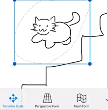 a black and white drawing of a cat with the words translate scale and perspective form below it