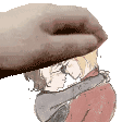 a hand is holding a person 's head in a cartoon .