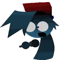 a cartoon character is holding a microphone and wearing a hat