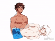 a drawing of a shirtless man standing next to a shirtless man laying on the floor