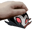 a hand is putting a cartoon character 's head on top of another cartoon character .