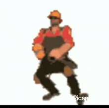 a pixel art of a man in overalls and a hard hat standing on one leg .