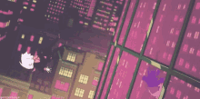 a cartoon character is flying through the air in front of a city at night .