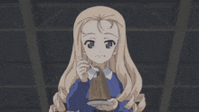 a girl with long blonde hair is holding a plate of food in her hands