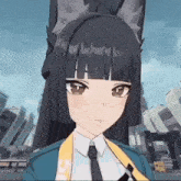 a close up of a anime girl with long black hair and a cat ear
