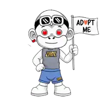 a cartoon monkey is holding a flag that says adopt me